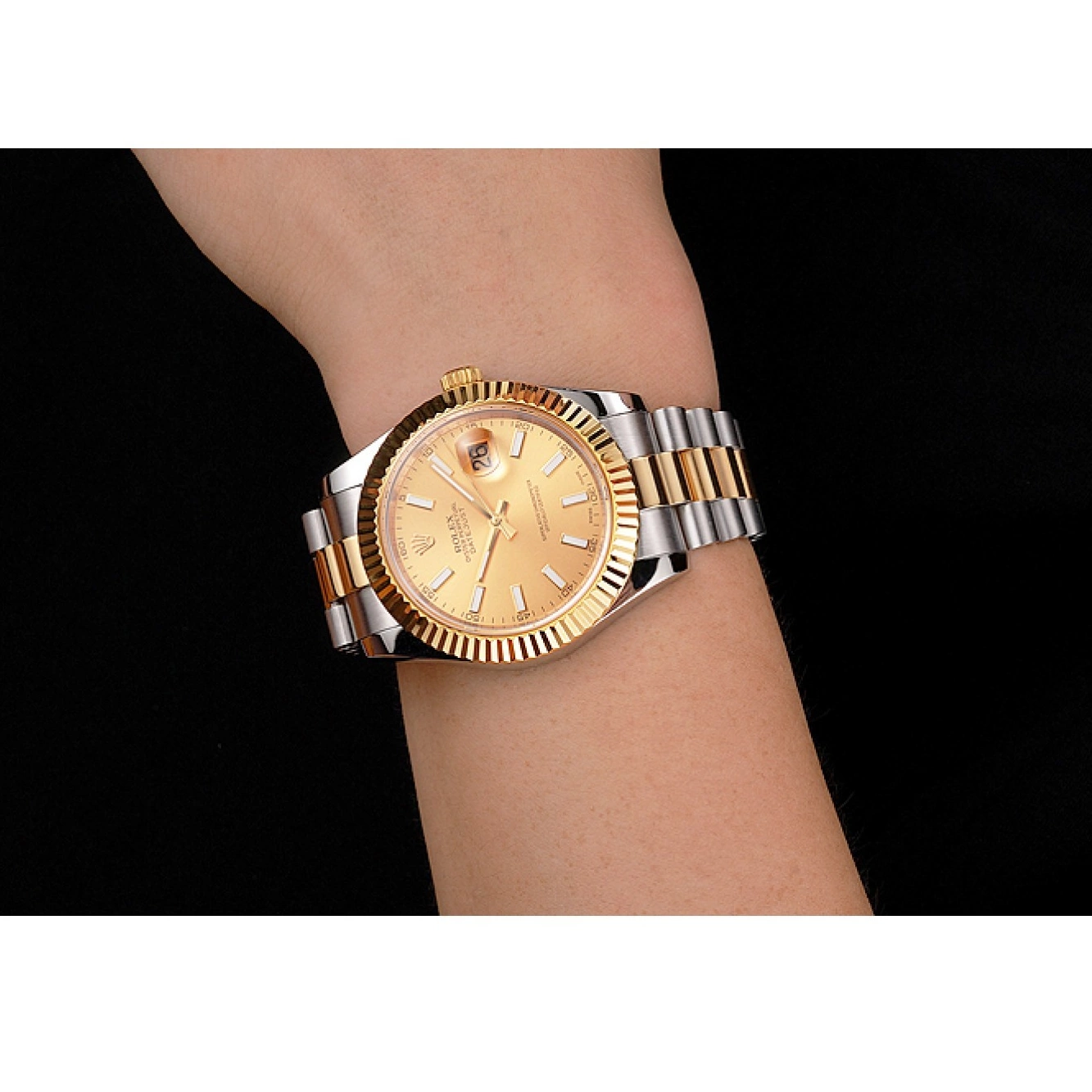 Aaa replica watch Datejust Bezel Rolex Gold Swiss Two Dial Stainless Gold Steel Tone Case Bracelet 0614